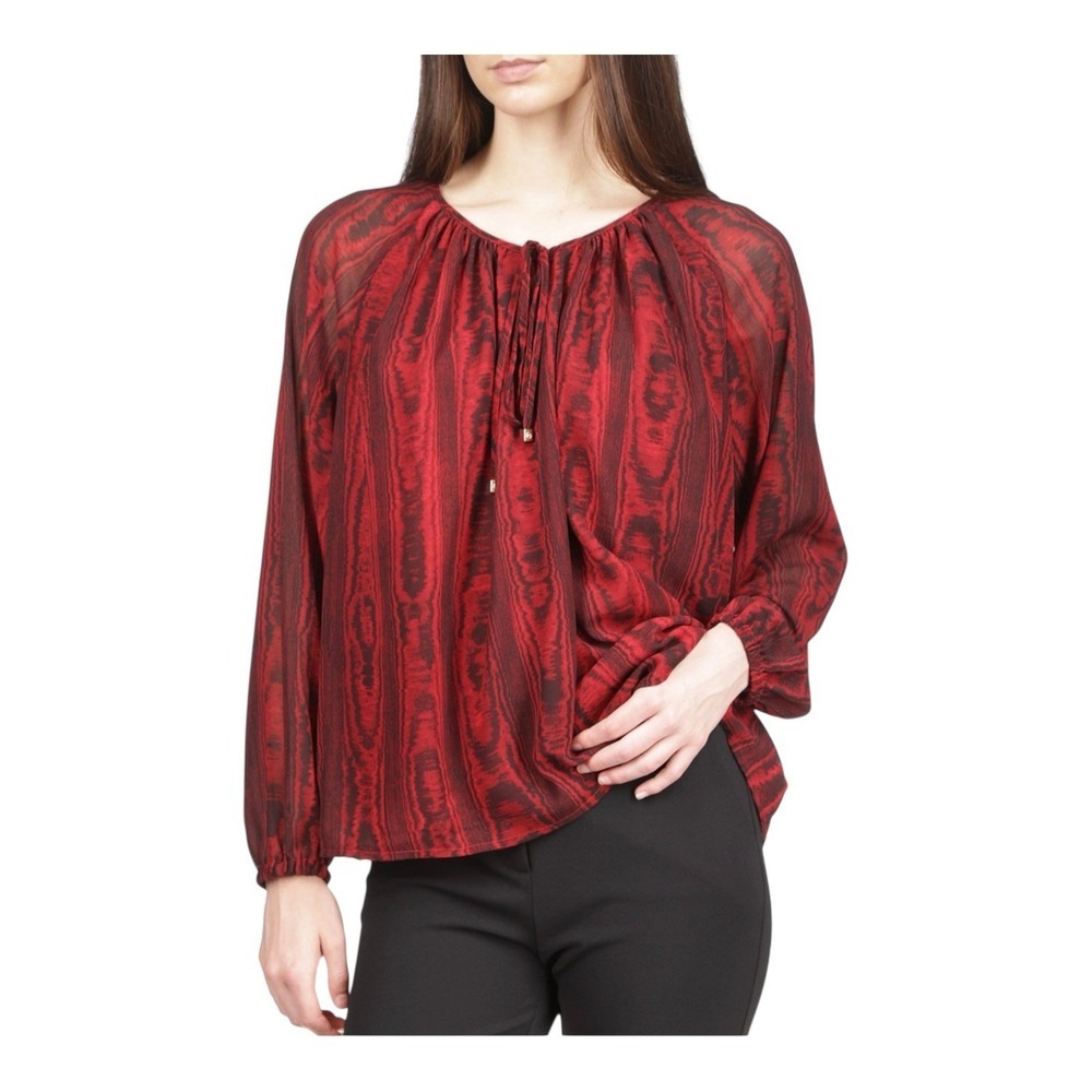 MICHAEL Michael Kors Tie-Neck Top Women's L Rhubarb Printed Long Sleeve Pullover